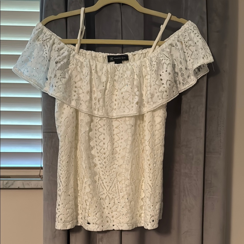 INC International Concepts White Sleeveless Ruffled Blouse